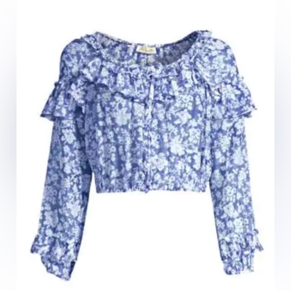 LoveShackFancy Floral Blue Popover Cropped Top‎ Size Large - Picture 2 of 9